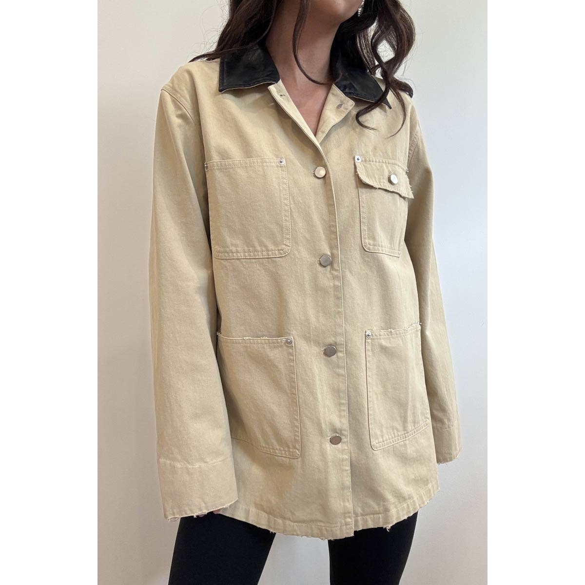 KHAKI Contrast Collar Oversized Workwear Jacket for wholesale on Faire1