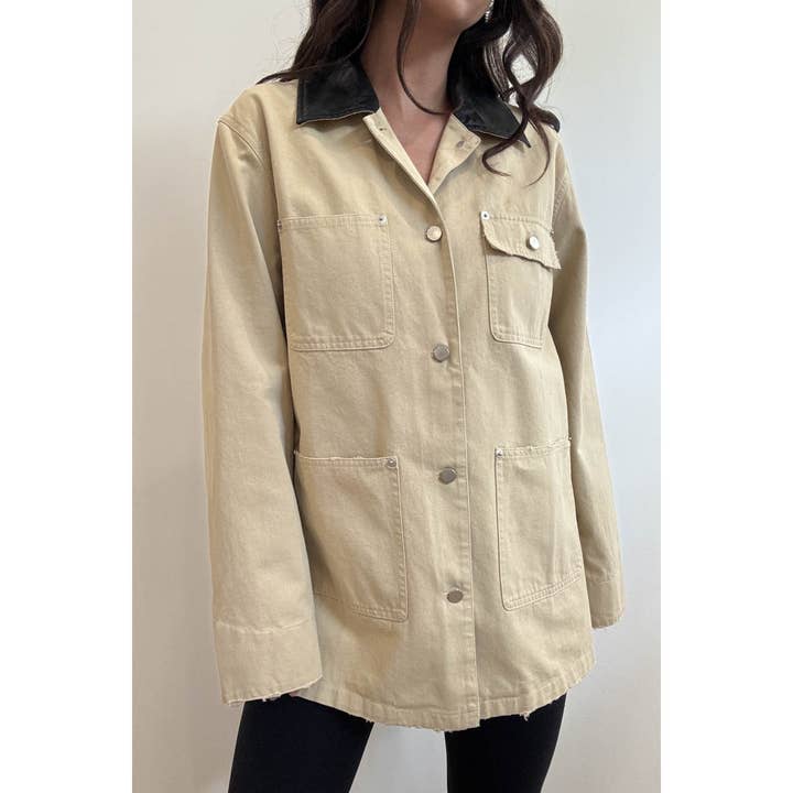 KHAKI Contrast Collar Oversized Workwear Jacket for wholesale on Faire1