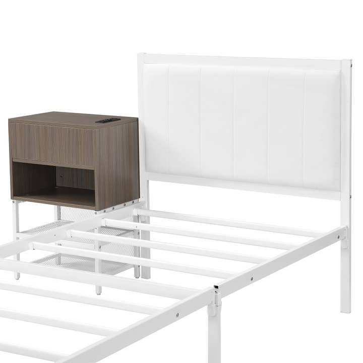 White Twin Metal Platform Bed with Storage Shelves & Cabinet for wholesale on Faire8