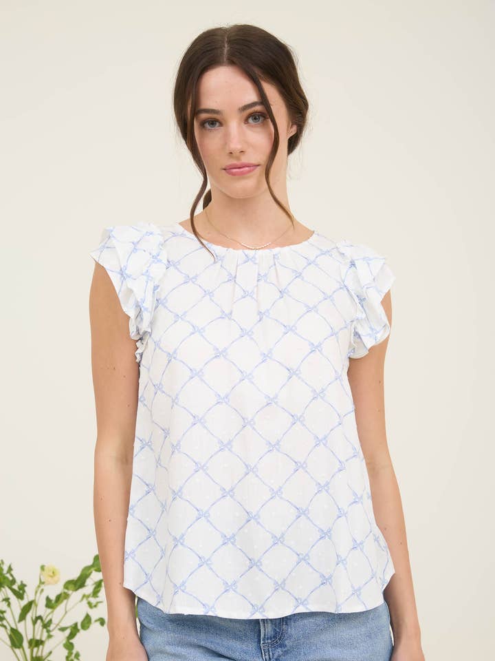 BOW CLIP DOT PATTERN RUFFLE SLEEVE BLOUSE for wholesale by Blu Pepper