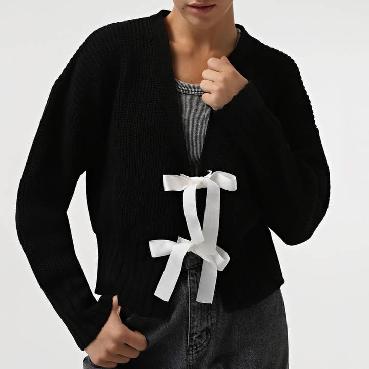 Rosa Clothing - Vente Cardigan – femme - Cardigan en tricot uni avec nœud papillon sur le devant14