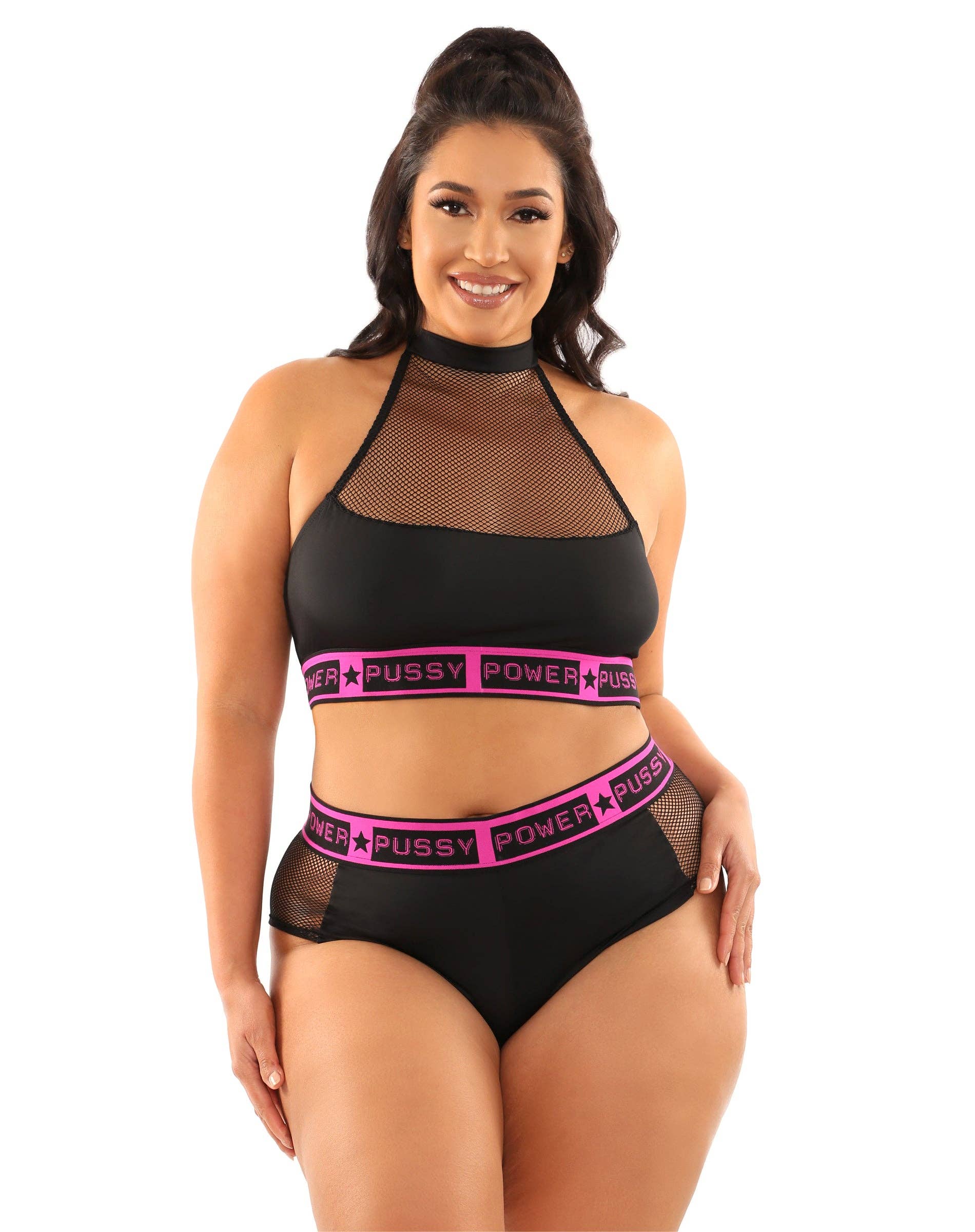 Not So Basic Black Pussy Power Halter Top & Booty Short for wholesale on Faire4