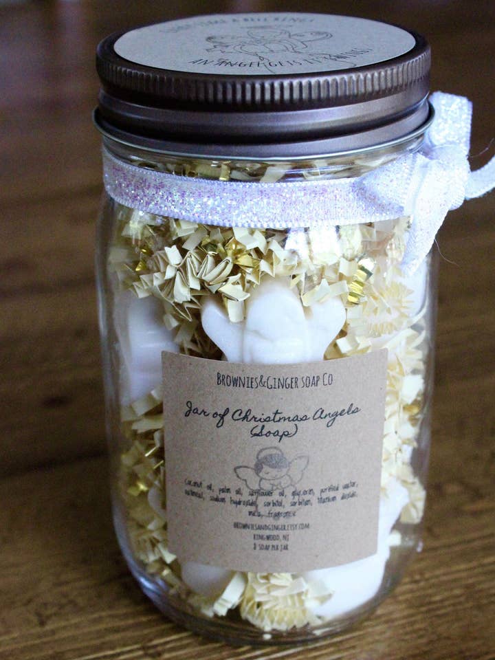 Mason jar gifts, christmas gifts, holiday hostess gifts, secret santa gift, angel gift, christmas, christmas stocking, teacher gifts, angels for wholesale by Brownies&Ginger Soap Co