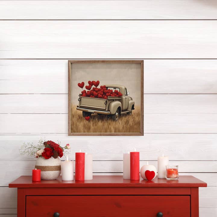 Kendrick Home - Wholesale Wood Wall Art - White Valentine's Day Truck Hearts