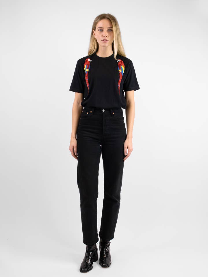 Earnest Arara Embellished Black T-Shirt for wholesale by Arara