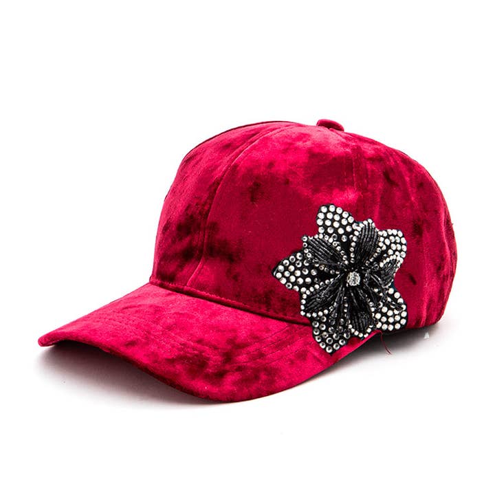 Artini Accessories - Wholesale Baseball Cap - Women's - Rhinestone Flower Velour Cap2