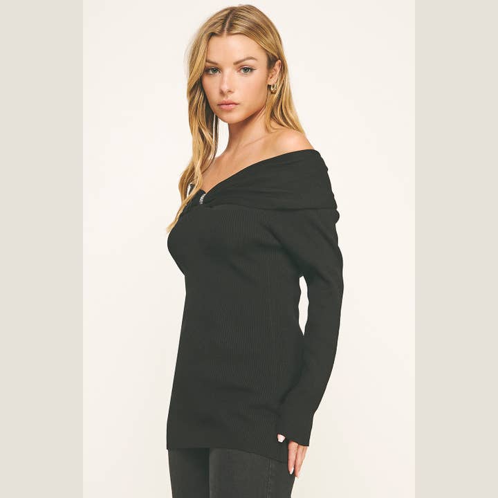 Black GLAM BOW ZIP-OFF SHOULDER BOW RIBBED KNIT TOP for wholesale on Faire2