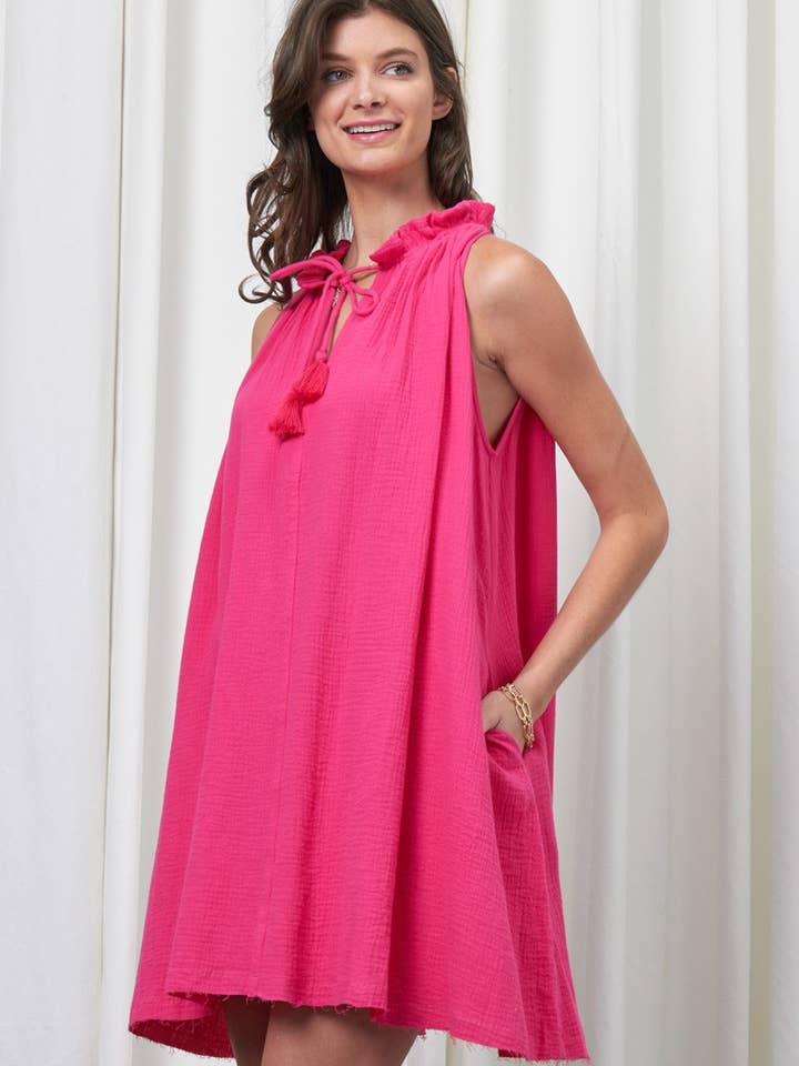 70322-HOT PINK FRONT TIE SLEEVELESS DRESS for wholesale by Newbury Kustom