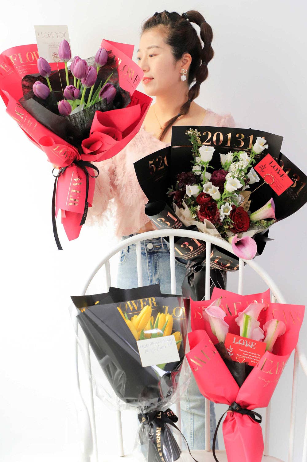 Elegant Design Supply - Wholesale Flat Wrap - Love and Flower Gold Foil Waterproof Flower Wrapping Paper (10 sheets/bag)6