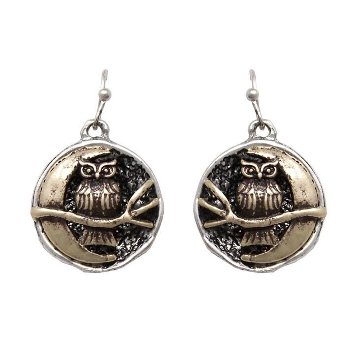 Owl on Branch w/ Moon - Circle Earrings - Multicolor for wholesale by Peaceful Village Inc.