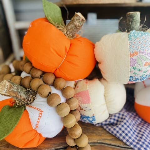 A Gnome on the Roam - Wholesale Decorative Tabletop Object - Handmade Fabric Pumpkins Vintage Quilt Top 7" Fall Decor8