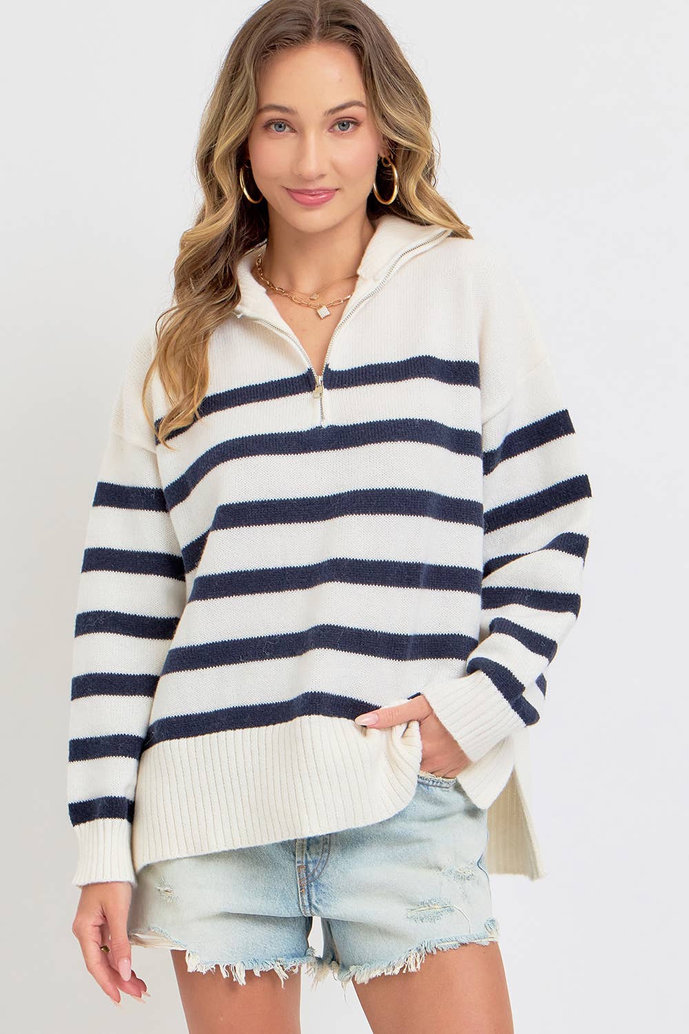 Sweet Lovely by Jen - Wholesale Knit Sweater - Women's - STRIPED ZIP-FRONT OVERSIZED PULLOVER KNIT SWEATER