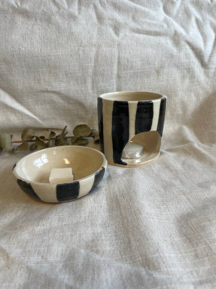 Stripe Ceramic Wax/oil Burner for wholesale by Charlotte Manser Ceramics