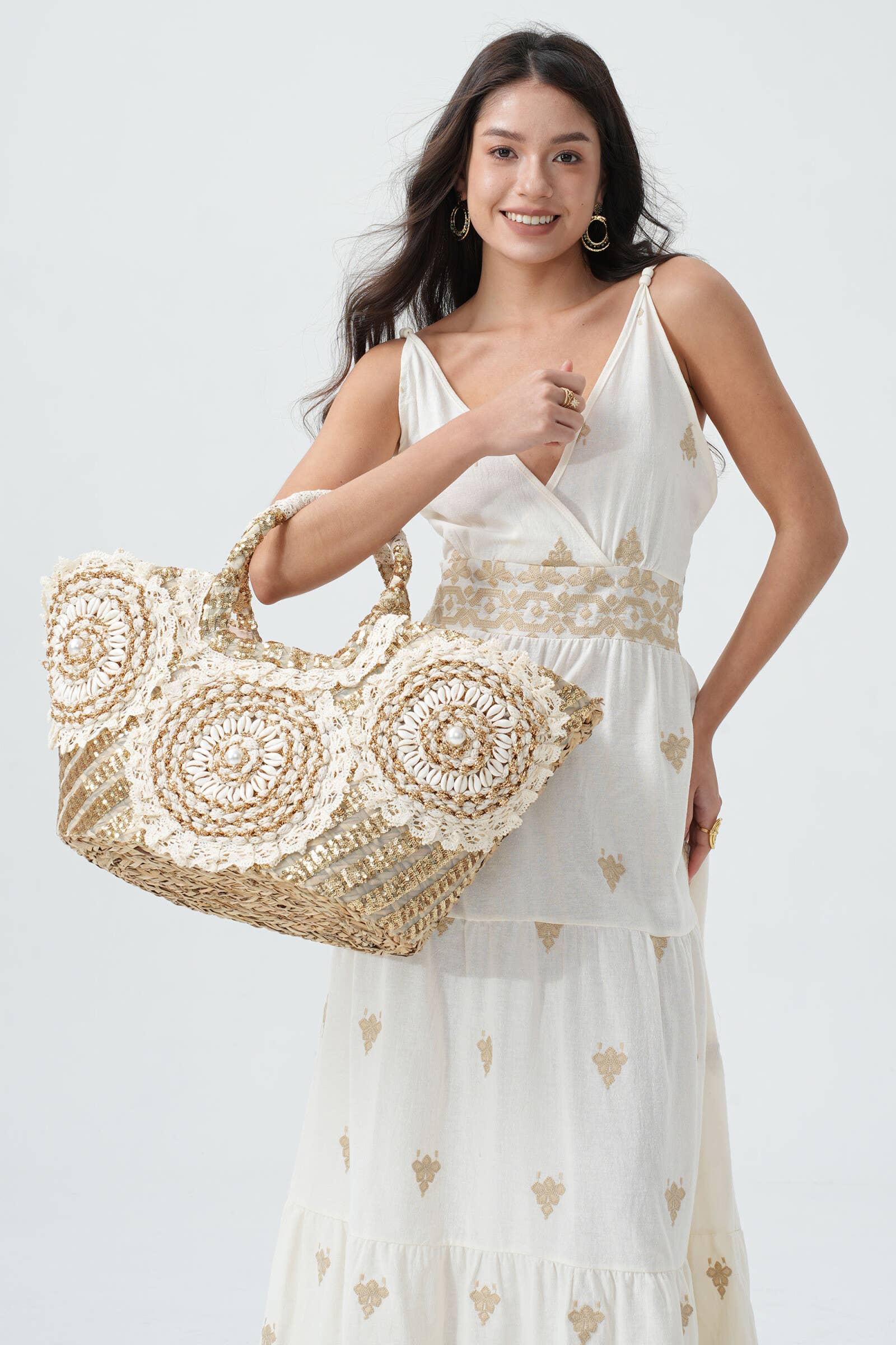 PHANIE MODE - Wholesale Beach Bag - Straw Basket with Sequins, Lace, Shells BA-15333