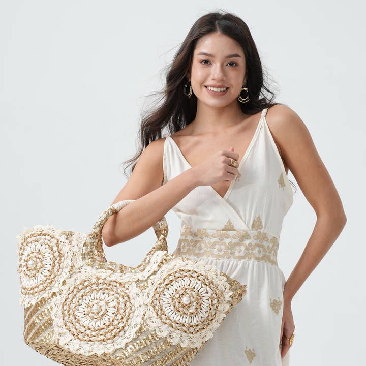 PHANIE MODE - Wholesale Beach Bag - Straw Basket with Sequins, Lace, Shells BA-153330