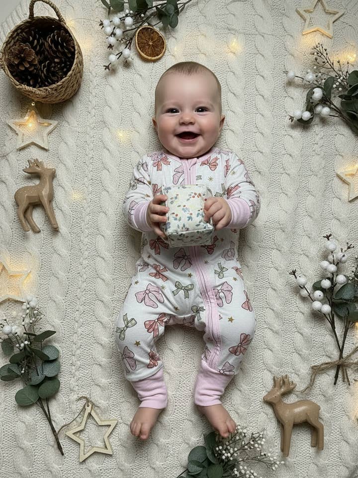 Christmas Bows Zippie for wholesale by Mommy & Wren