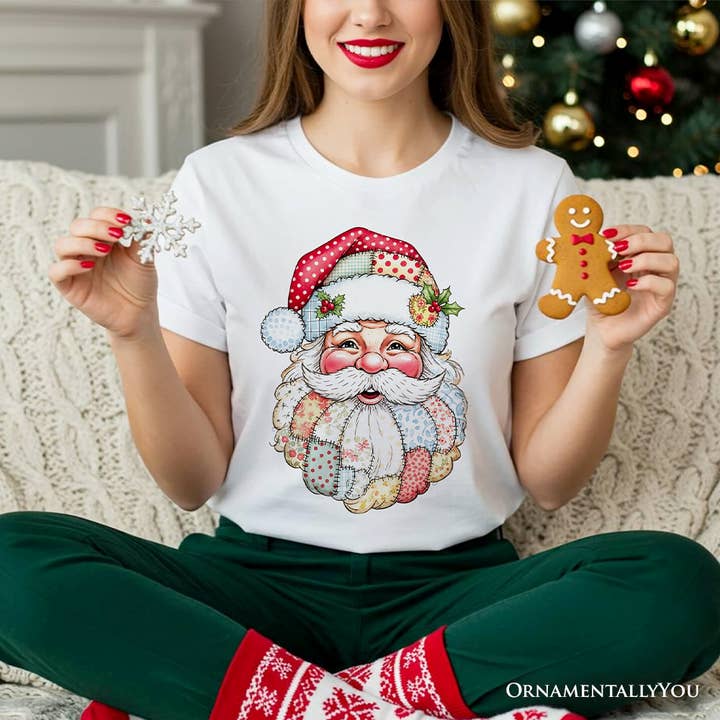OrnamentallyYou - Wholesale T-Shirt (Graphic) - Women's - Patchwork Santa Claus T-Shirt, Retro Christmas Holiday Tee1