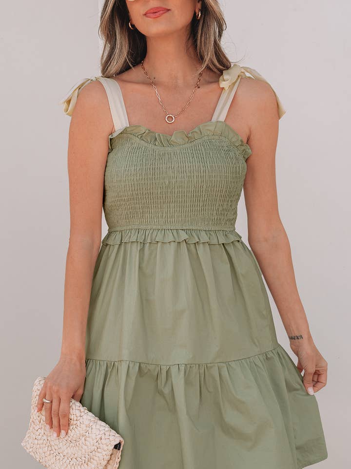 Smocked Bodice Self-tie Straps A-line Ruffled Mini Dress for wholesale by FULL TIME PURCHASE
