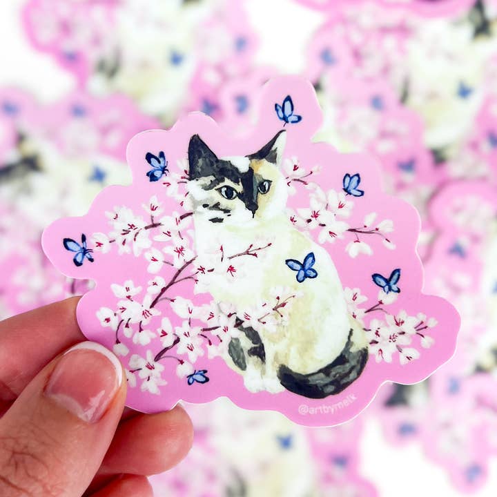 Cute Cherry Blossom Cat Sticker - Cherry Cat for wholesale by Art by MelK