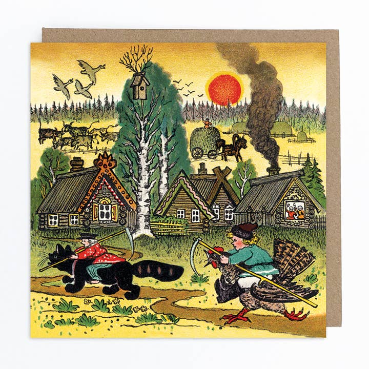 Riding a Chicken, Riding a Cat Greeting Card for wholesale by Kapelki Art