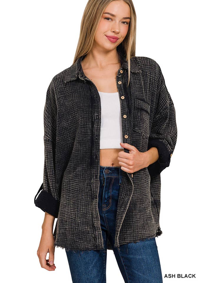 42POPS - Wholesale Button Down Shirt - Women's - ",,,,._ MINERAL WASHED DOUBLE GAUZE BUTTON DOWN SHIRT