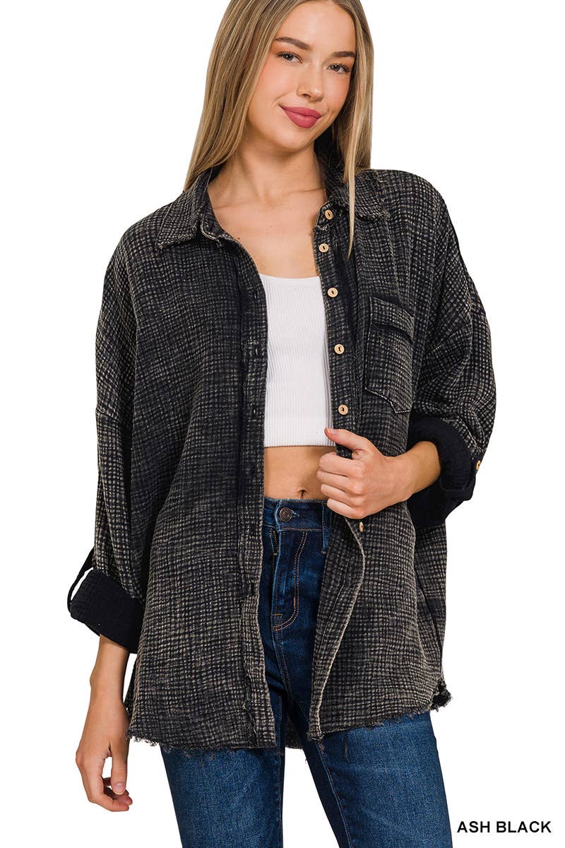 42POPS - Wholesale Button Down Shirt - Women's - `.Washed Double Gauze Button Down Shirt