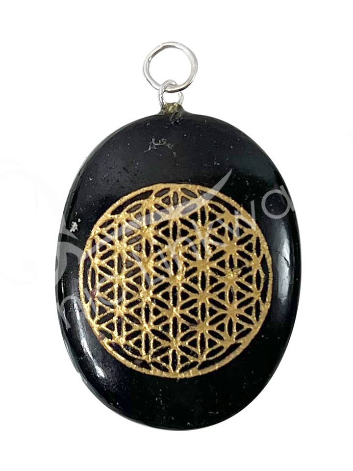 (PC)PENDANT - WORRY STONE TOURMALINE, BLACK FLOWER OF LIFE for wholesale by Oceanic Linkways Inc