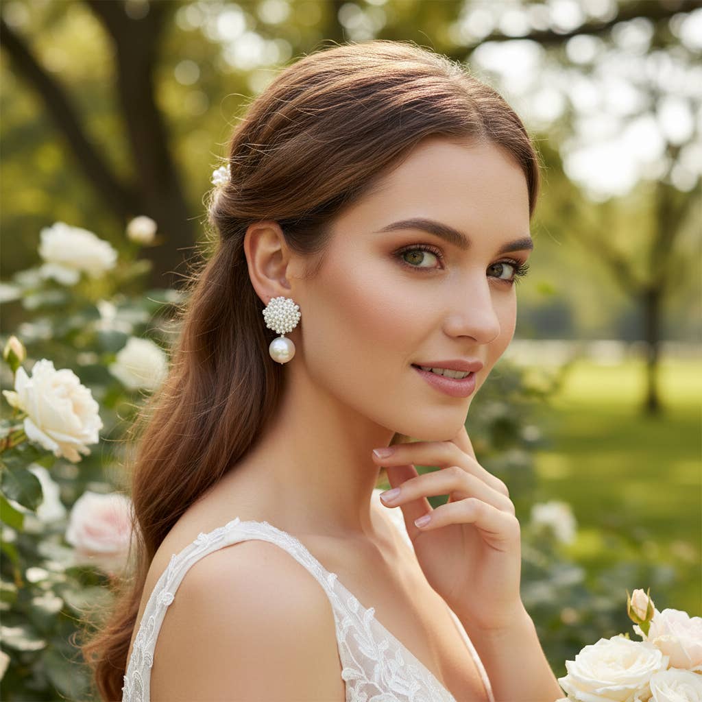 Athena Bridal Jewellery - Wholesale Dangle Earrings - ATHENA COLLECTION - PEARL CLUSTER EARRINGS - CZER869 GOLD4