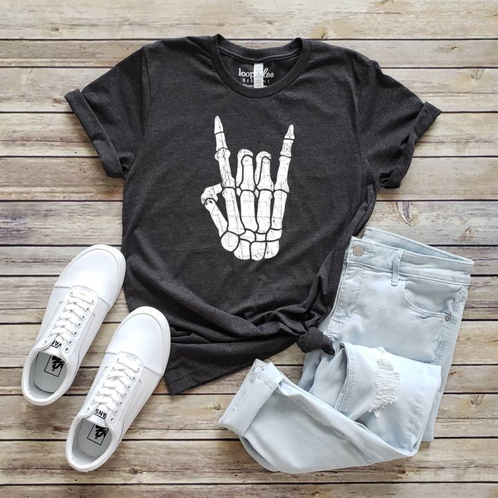 ROCK N ROLL SKELETON HAND TEE | HALLOWEEN | SIZES XS-2XL for wholesale by Loopty Loo Designs