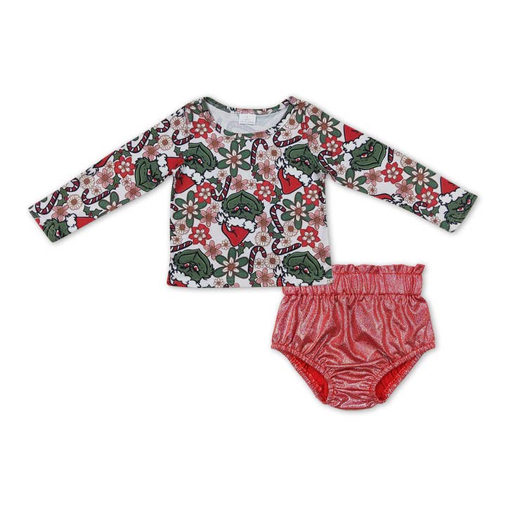Floral green face top bummies girls Christmas outfits for wholesale by Yawoo Garments