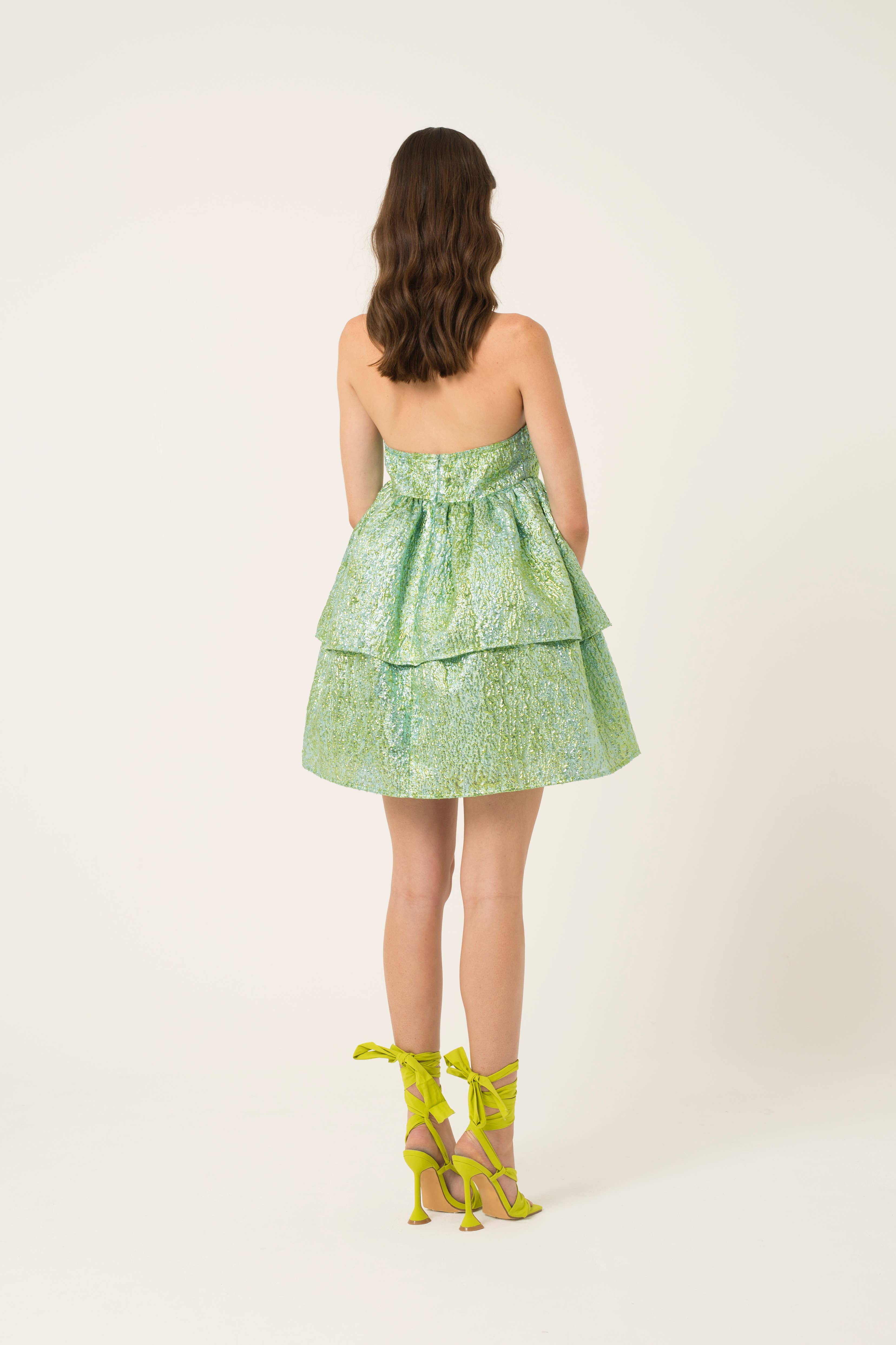 Green Sara High Shine Double layer Mini Dress for wholesale on Faire4