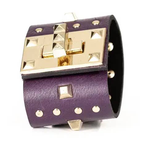 Wide Studded Leather Cuff Bracelet Purple with Gold Pyramid for wholesale by The Dark