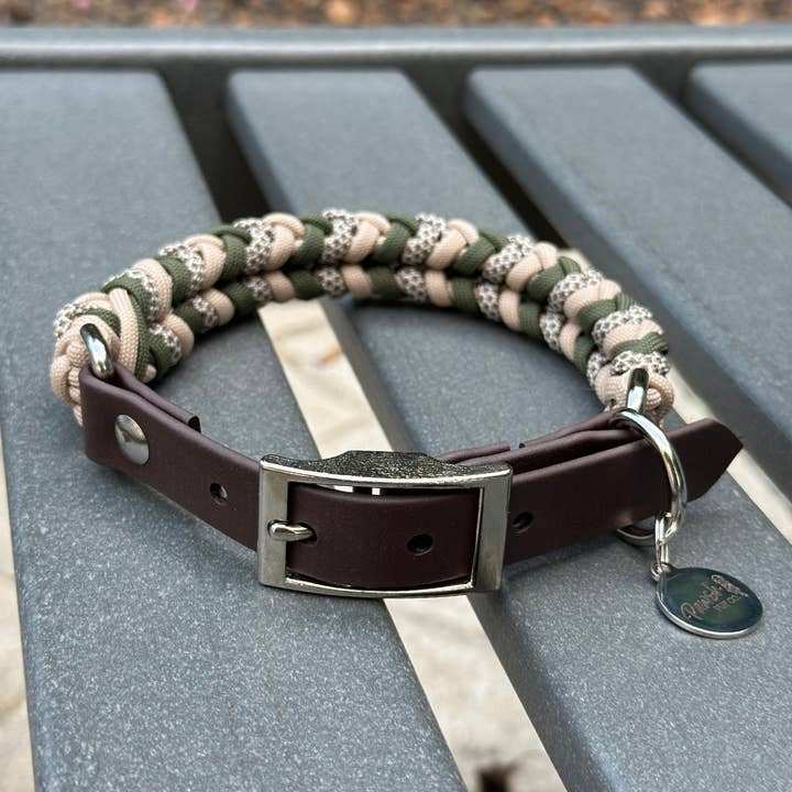 Coiled Charm Handmade Dog Collar in Olive & Tan for wholesale by Pawsh Pup Co.