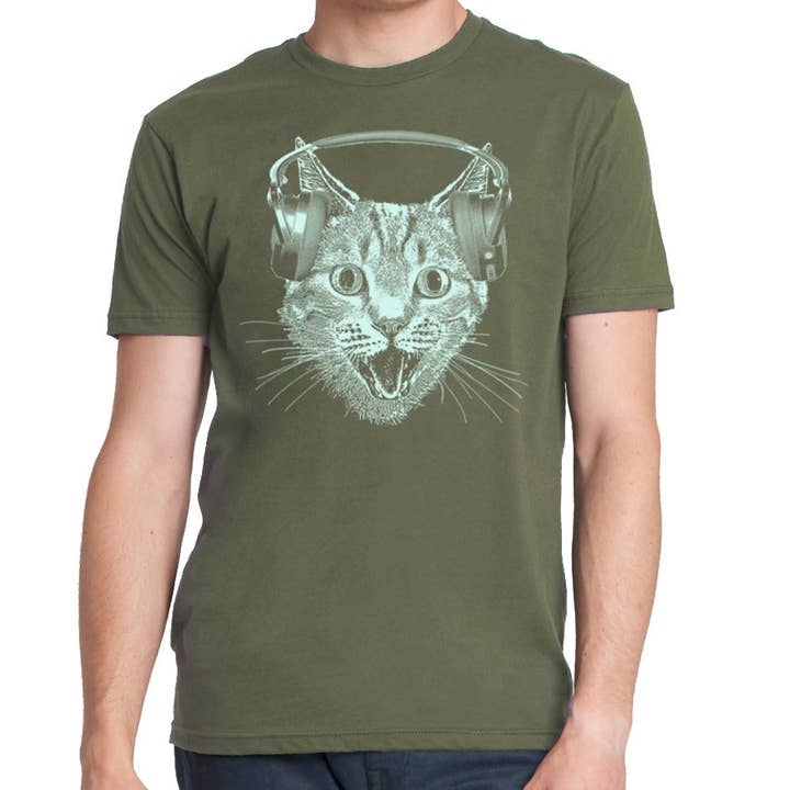MISSION THREAD CLOTHING – Großhandel T-Shirt mit Siebdruck – Herren – Katzen-T-Shirt mit Kopfhörern für Herren, Katzen-DJ-Shirt für Herren