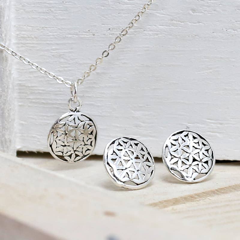 Ethike.eu - Wholesale Jewelry Set - silver necklace and earring set - Flower of Life0