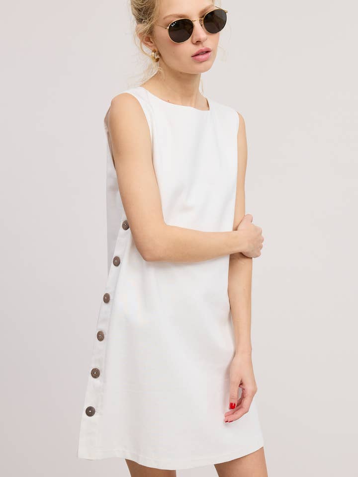 Mimosa - Wholesale Dress - Women's - Wooden Side Button Detail Sleeveless Linen Mini Dress
