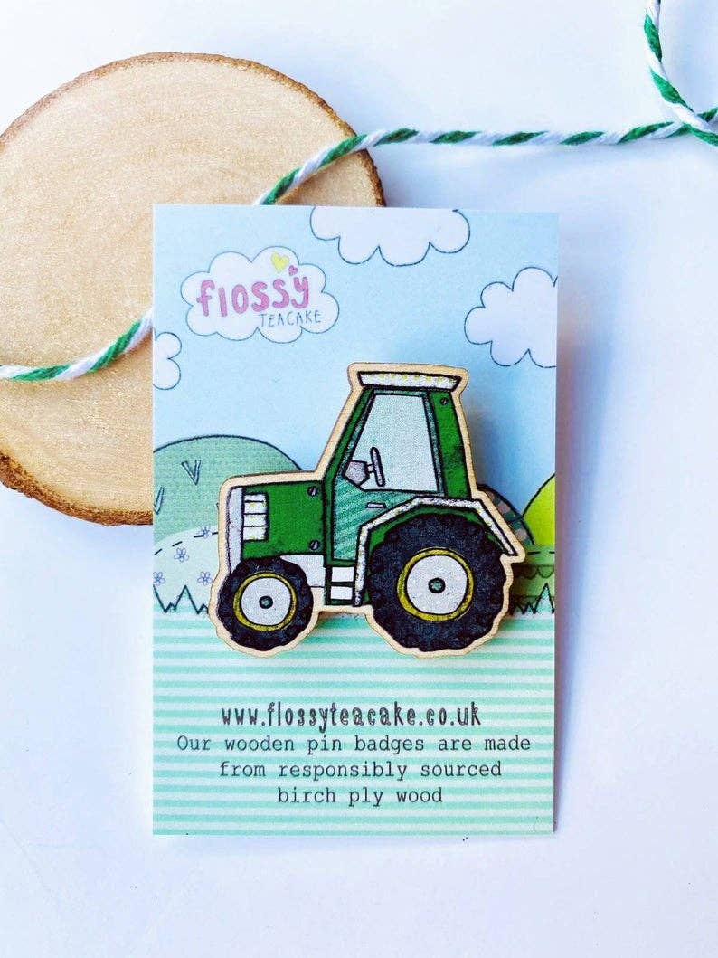 Flossy Teacake – wholesale Lapel pin/button – Tractor Wooden Pin Badge1