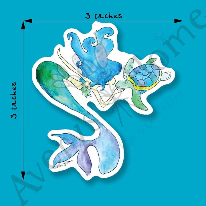 Mermaid & Sea Turtle Art Permanent 3" Vinyl Die-Cut Sticker for wholesale by Avery's Home