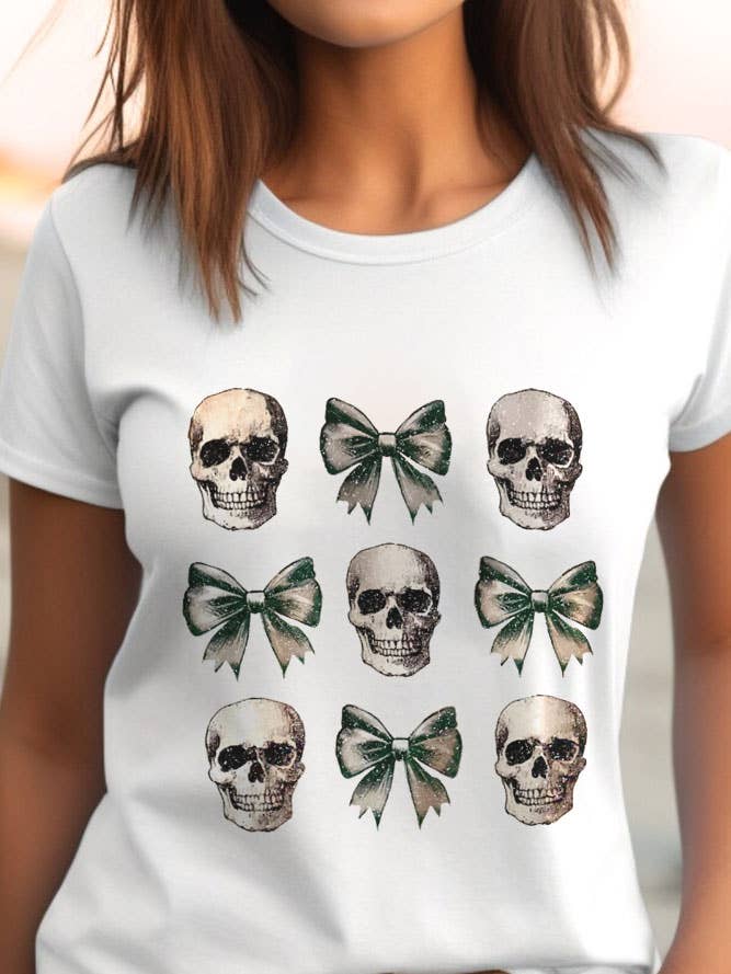 Halloween Skulls and Bow, Unisex Round NeckT-Shirt for wholesale by Top Avenue