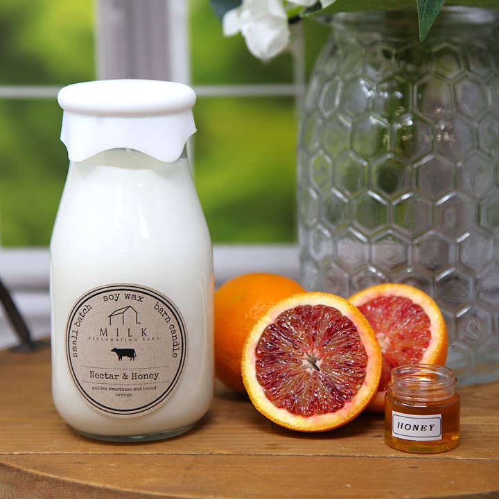 Milk Bottle Candle Nectar & Honey for wholesale by Milk Reclamation Barn