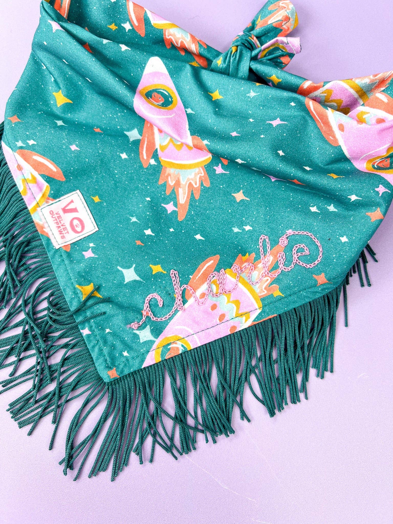 Velvet Outlaw - Wholesale Pet Bandana - Dog - Space Cowboys with Teal Fringe Dog Bandana3