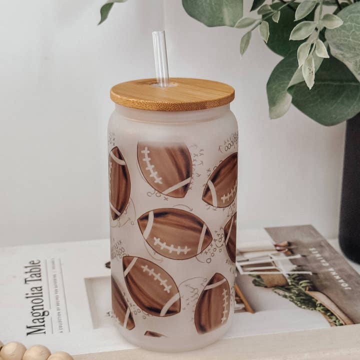 Onic Brands LLC - Wholesale Drinking Glass/Cup - Watercolor Footballs 16oz Glass Cup with Bamboo Lid6