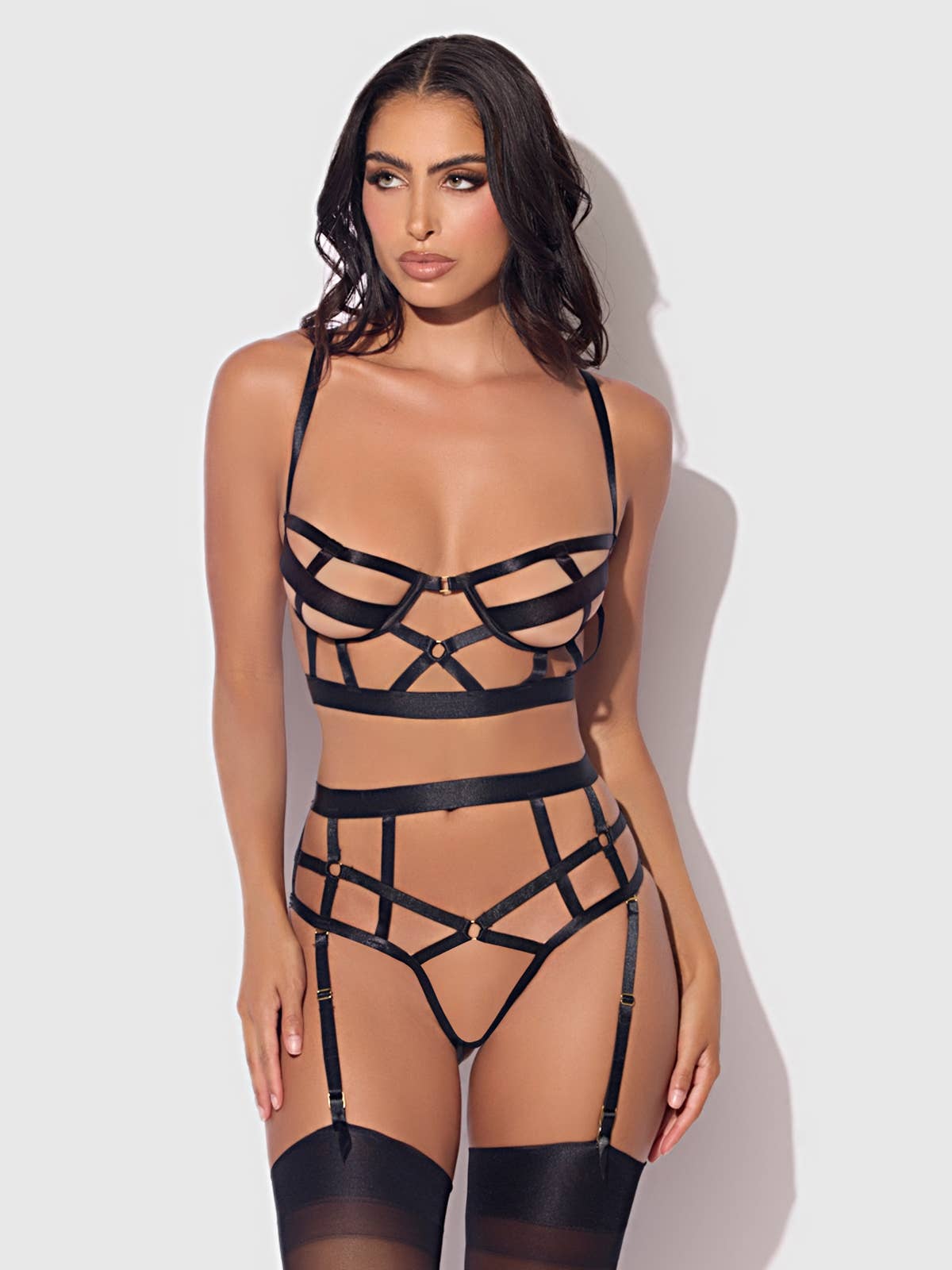 Black DEVON OPEN CUP BRA & CROTCHLESS & BACKLESS HIPSTER SET for wholesale on Faire2