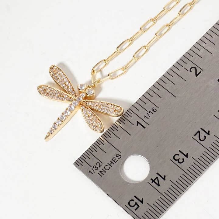 Wild Honey - Wholesale Pendant/Charm Necklace - 18K Gold-Dipped Cubic Zirconia Dragonfly Pendant Necklace