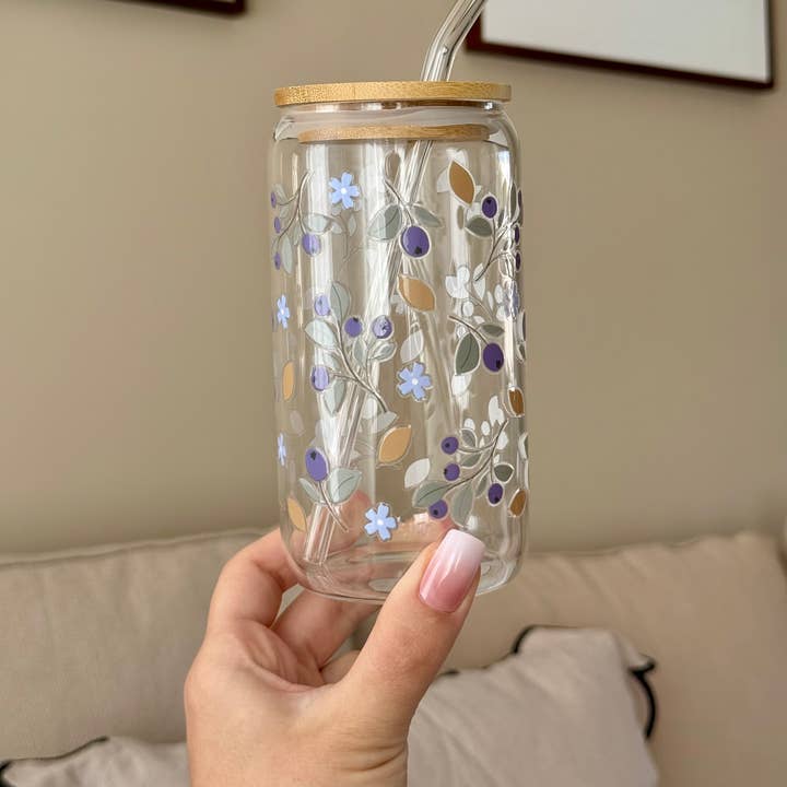 the cute cloud - Wholesale Drinking Glass/Cup - Glass Cup blueberries flowersÂ