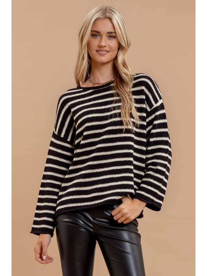 Blu Pepper - Wholesale Knit Sweater - Women's - STRIPE BOAT NECK DROP SHOULDER KNIT SWEATER