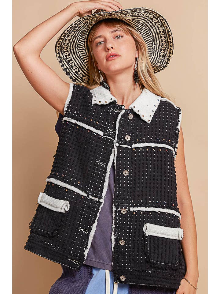 Pol Clothing - Wholesale Outerwear Vest - Women's - Stud detail solid fleece vest SALE