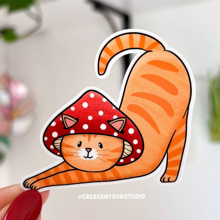 Orange Tabby Cat Sticker, Cute Animal Mushroom Sticker for wholesale by Crescent Sun Studio