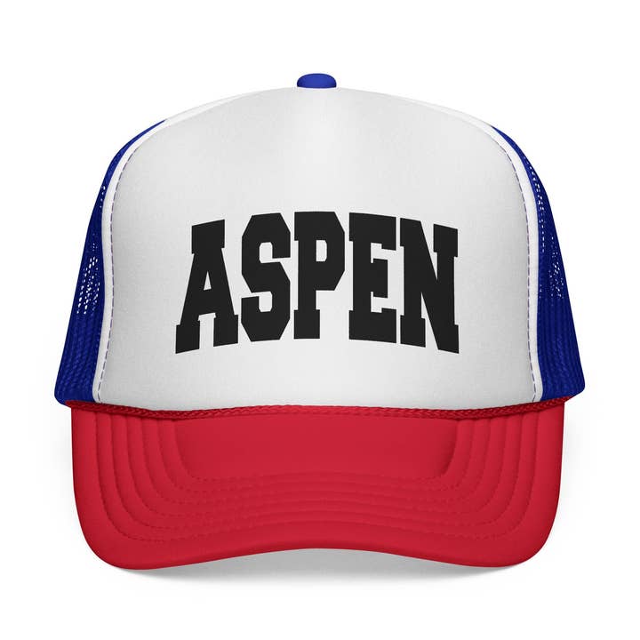 Aspen, Colorado Collegiate Style Trucker Hat for wholesale by Hey Mountains