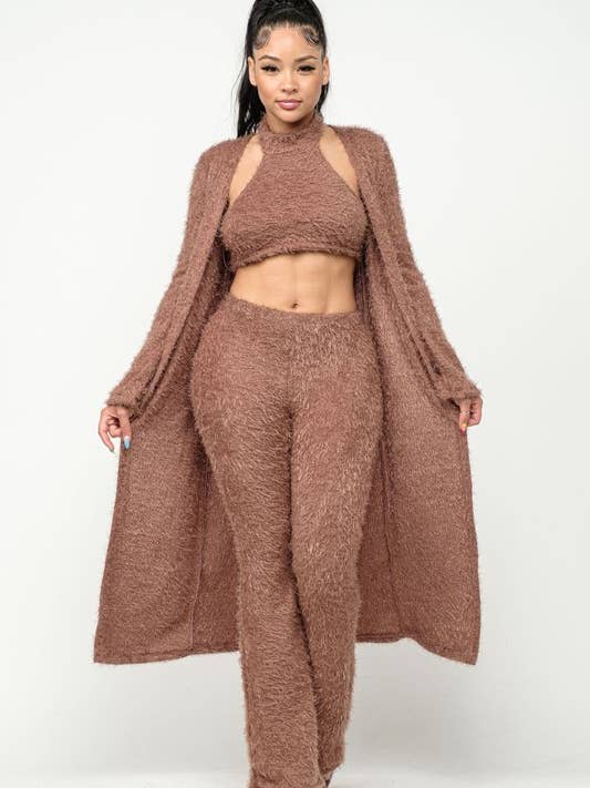 Shaggie Hairy Strick Langgardigan-Set, dreiteilig für den Großhandel von Belita Collection